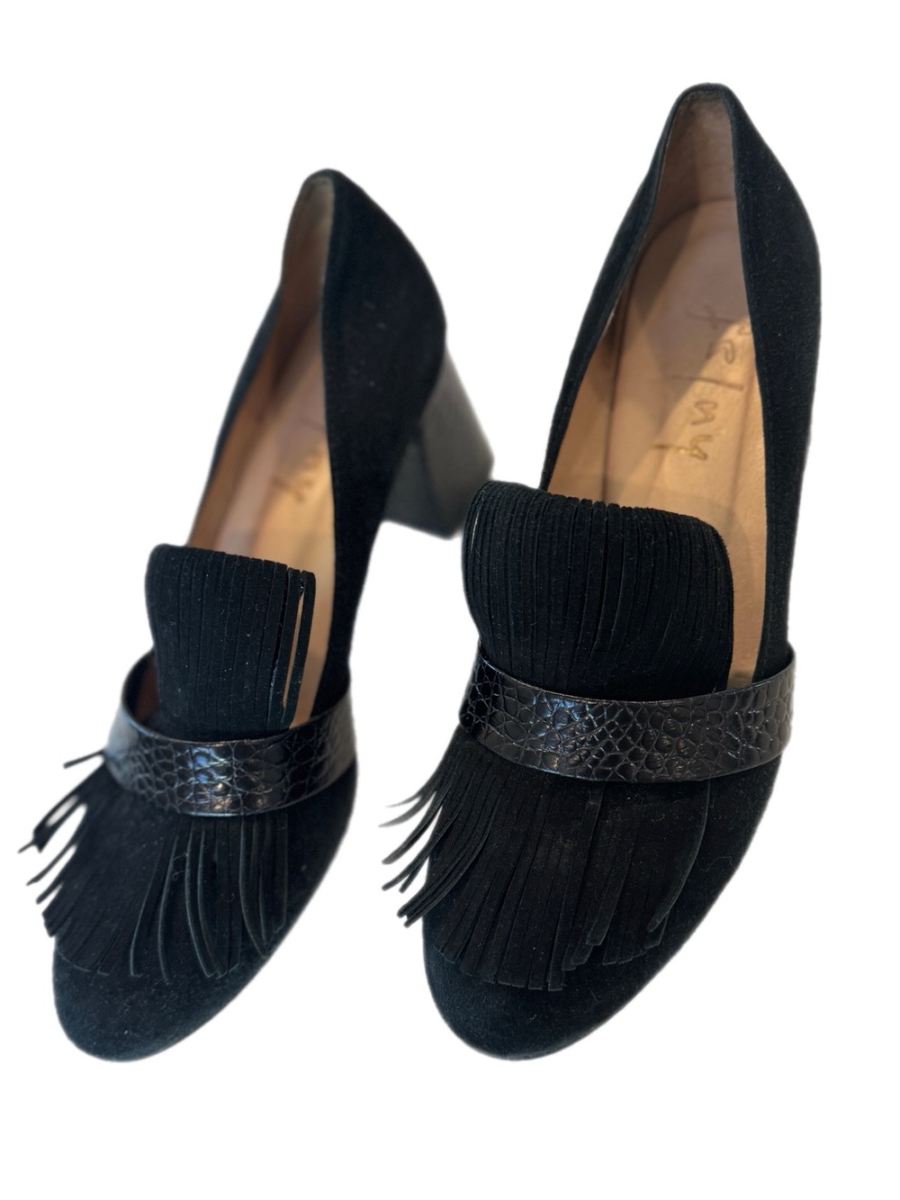 French Sole NY Black Suede Fringe
Kiltie Loafers Croc Trim 8.5 Made in Spain